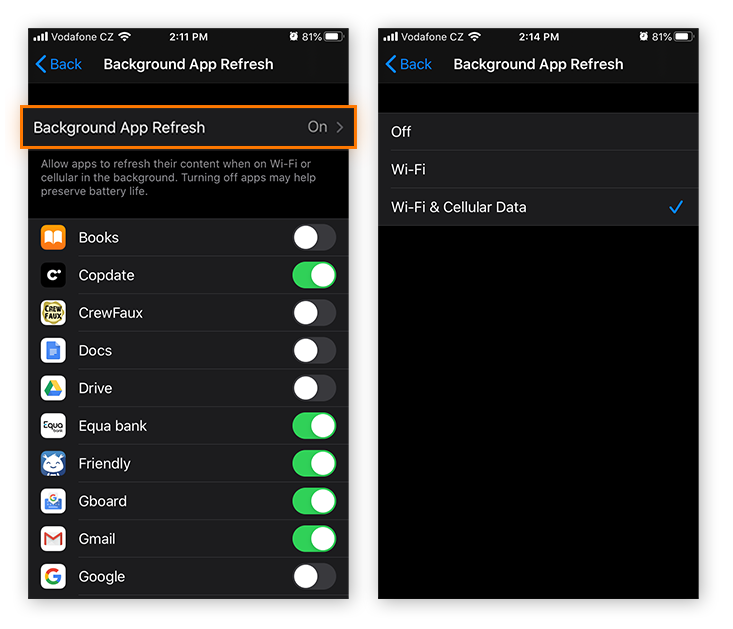 To disable background refresh on all apps tap Background App Refresh, then Off or Wi-Fi.