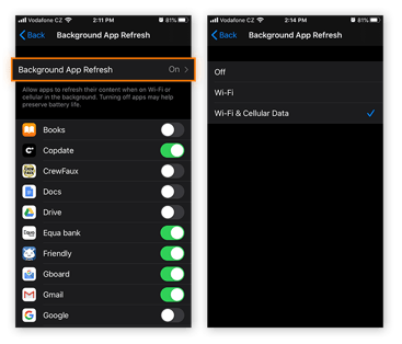 Pour désactiver l’actualisation en arrière-plan de toutes les applications, touchez Actualisation en arrière-plan des applications, puis Désactivé ou Wi-Fi.