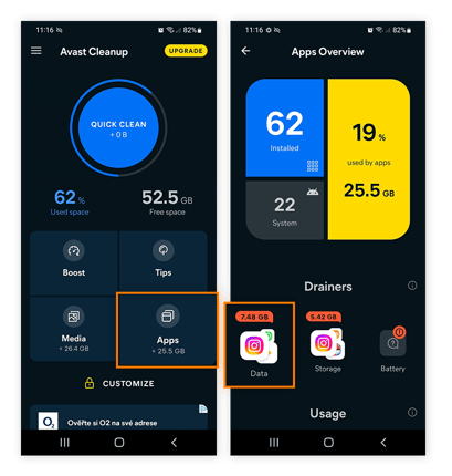 Comment accélérer vos données sur Android à l’aide de la fonctionnalité Applications gourmandes de Avast Cleanup.