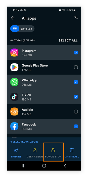 Select the relevant apps and tap Force Stop.