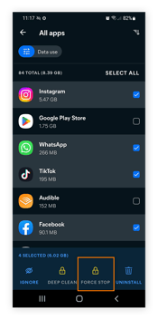 Sélectionnez les applications concernées et appuyez sur Forcer l’arrêt.