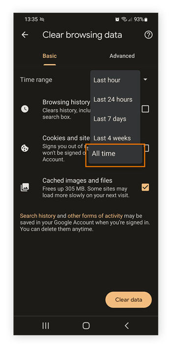 Check the box next to Cached images and files, then Clear data to improve data speeds.
