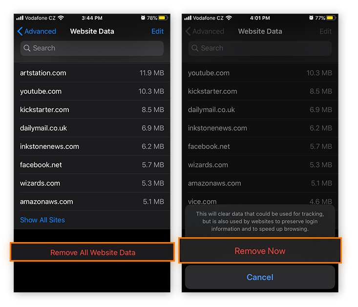 Tap Remove All Website Data, then Remove Now.