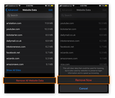 Appuyez sur Supprimer toutes les données du site web, puis sur Supprimer maintenant.
