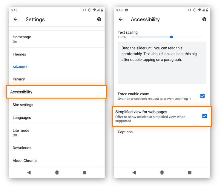 Activating Reader Mode in Chrome on Android.