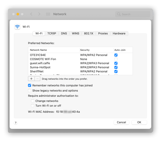Configurações Wi-Fi no Mac, em que você pode definir quais redes Wi-Fi são confiáveis e podem ser conectadas automaticamente.