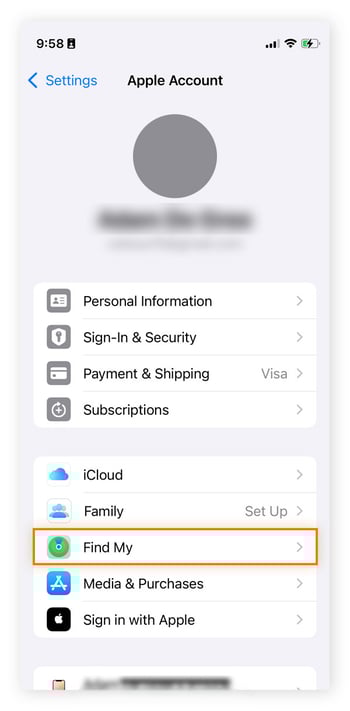Find My is accessible from the Apple Account area of your Settings.