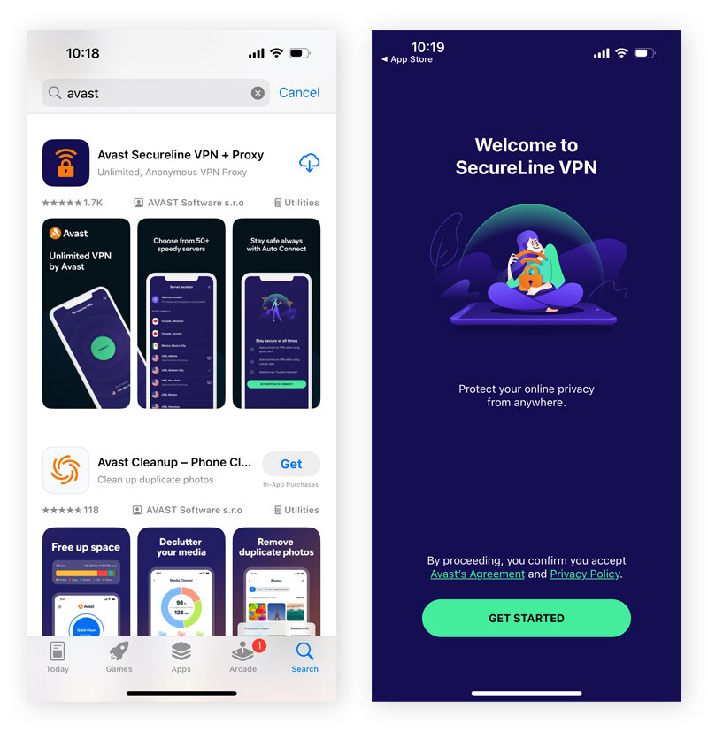 Installing Avast SecureLine VPN for iOS from the App Store in order to change iPhone location.