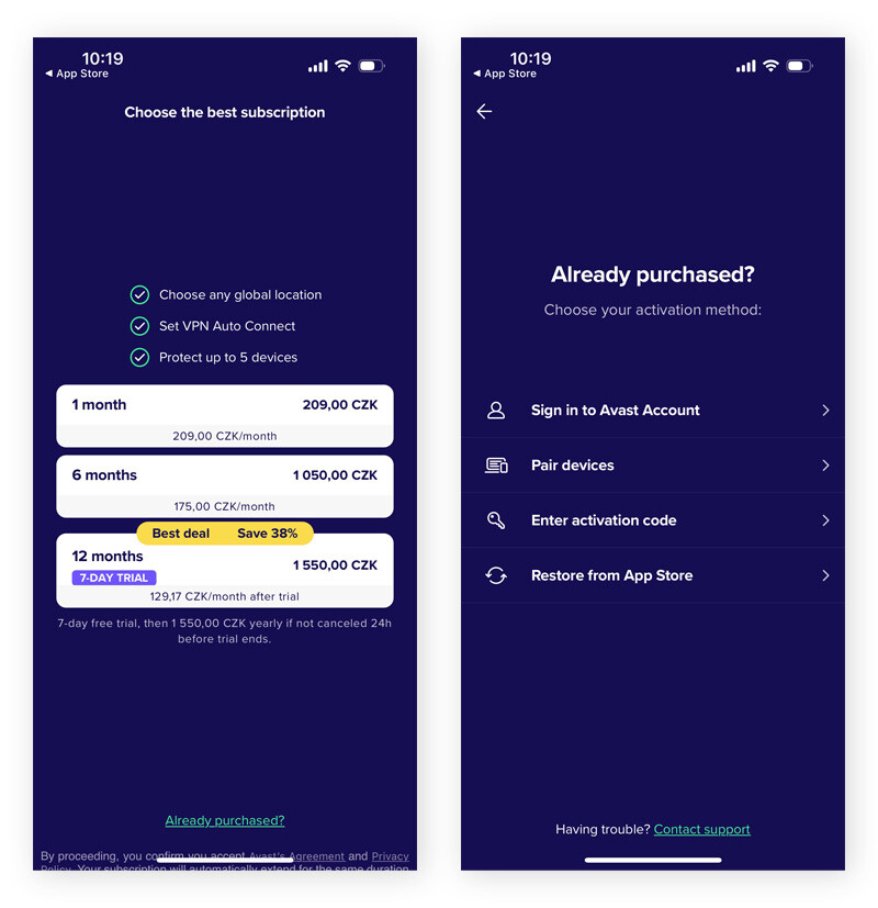 Creating an account and signing into the Avast SecureLine VPN app on iPhone.