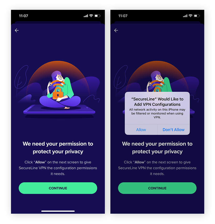 Allowing permissions to alter your iPhone’s settings and enable the VPN configuration.