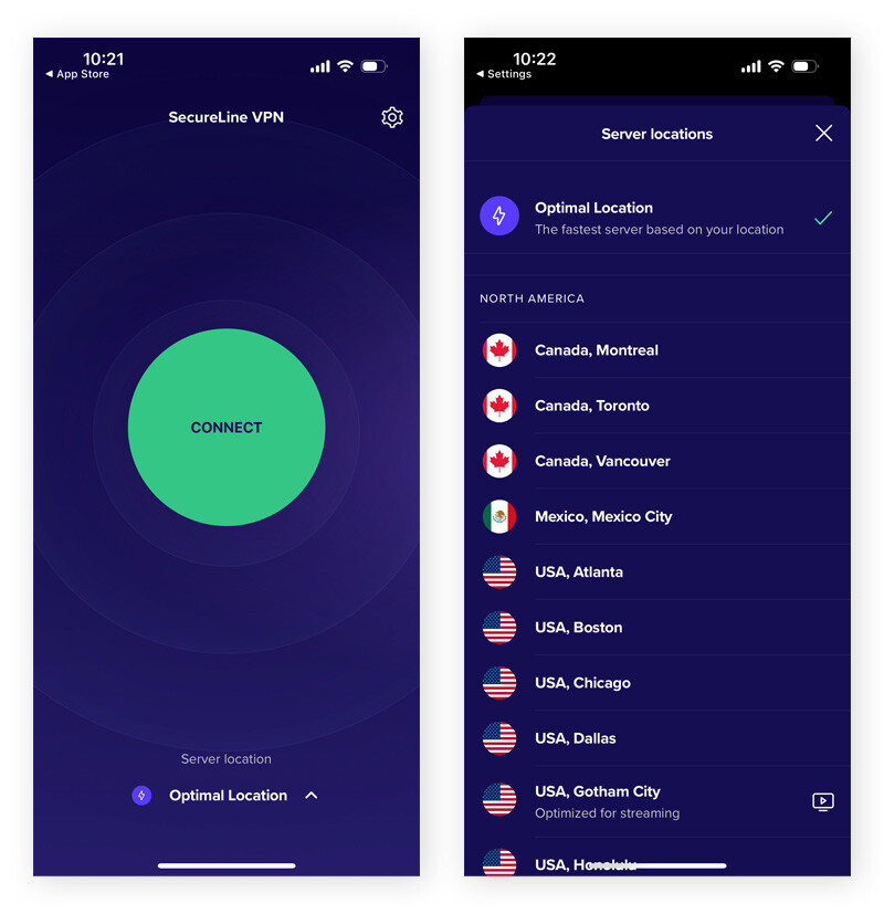 Selecting a VPN server location in the Avast SecureLine VPN app on iPhone.