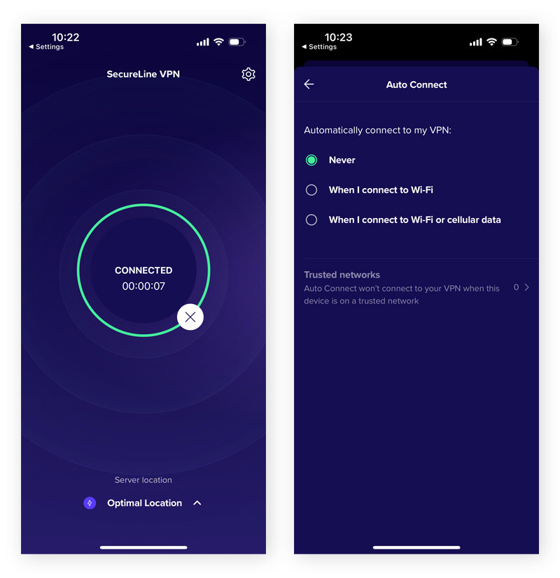 Connecting to Avast SecureLine VPN app on iPhone. and setting up the Auto Connect feature.