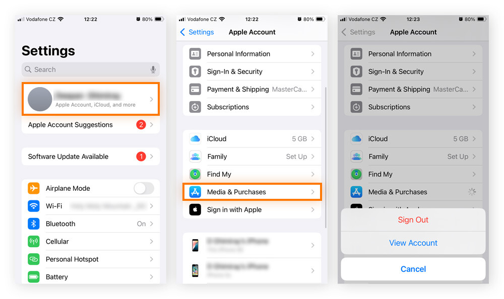 Navigating to Apple ID account settings in iOS in order to change iPhone location.