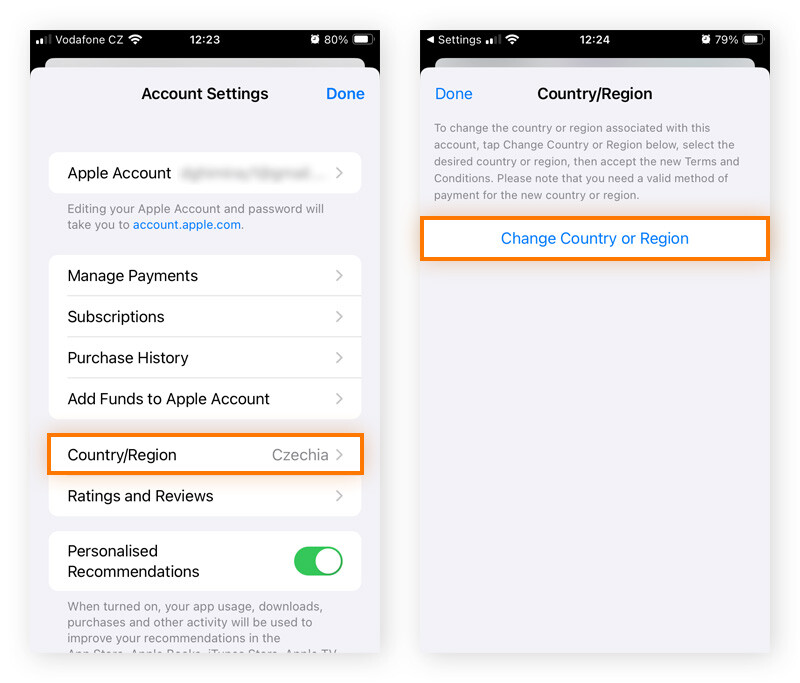 Changing Country/Region settings within Apple ID account preferences in order to change iPhone location.