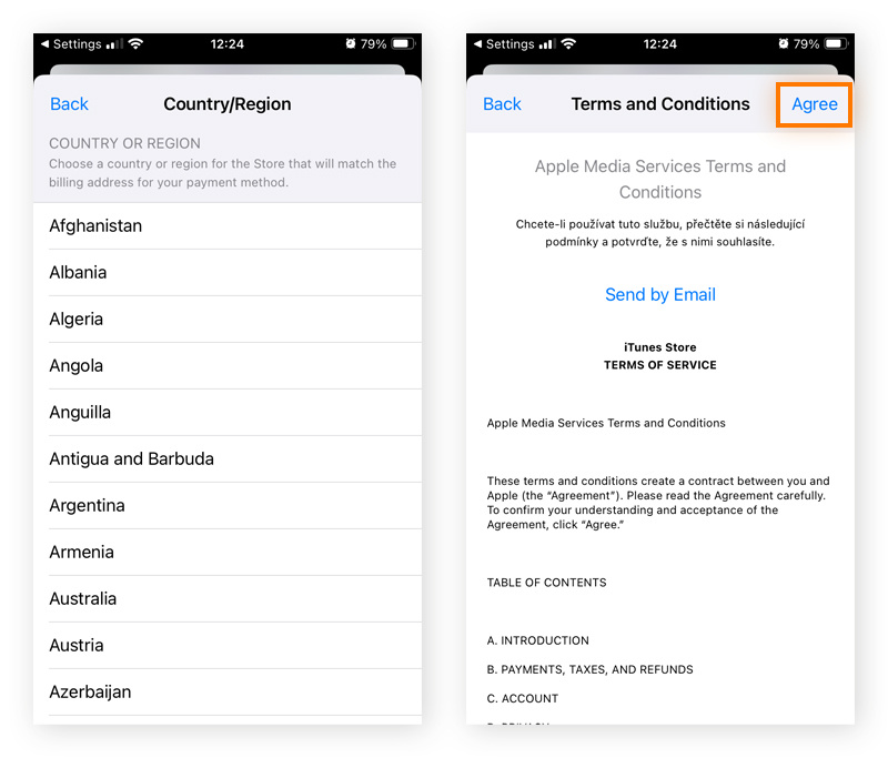 Selecting a preferred Apple ID country or region and accepting the terms and conditions.