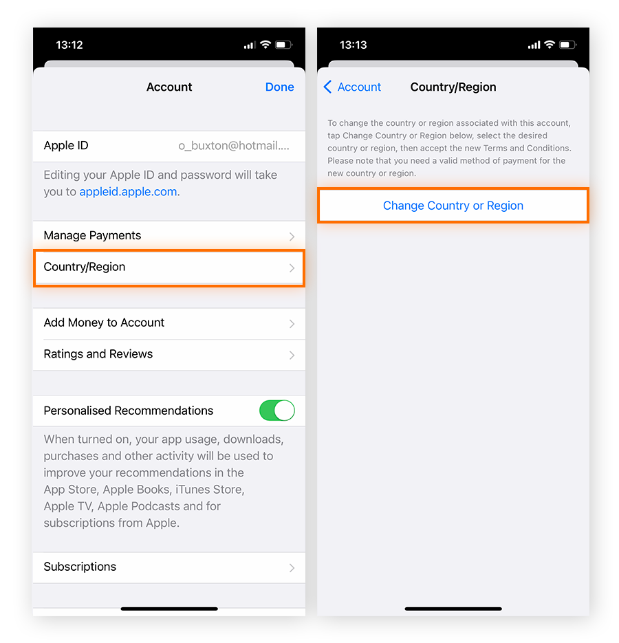 Cambiar los ajustes de país/región en las preferencias de la cuenta del ID de Apple para cambiar la ubicación del iPhone.