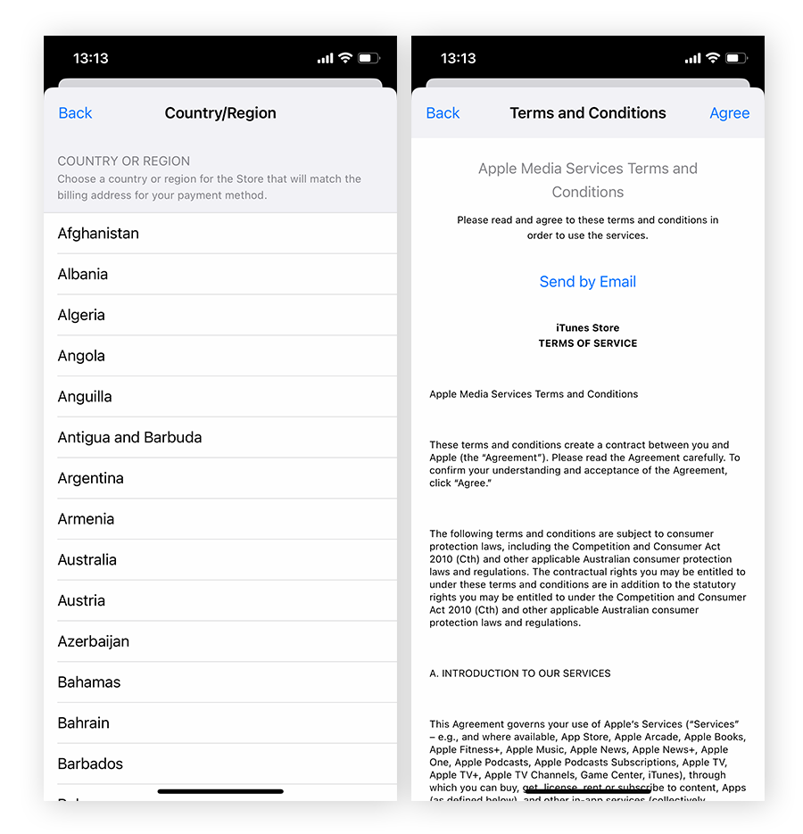 Seleccionar un país o región de ID de Apple preferido y aceptar los términos y condiciones.