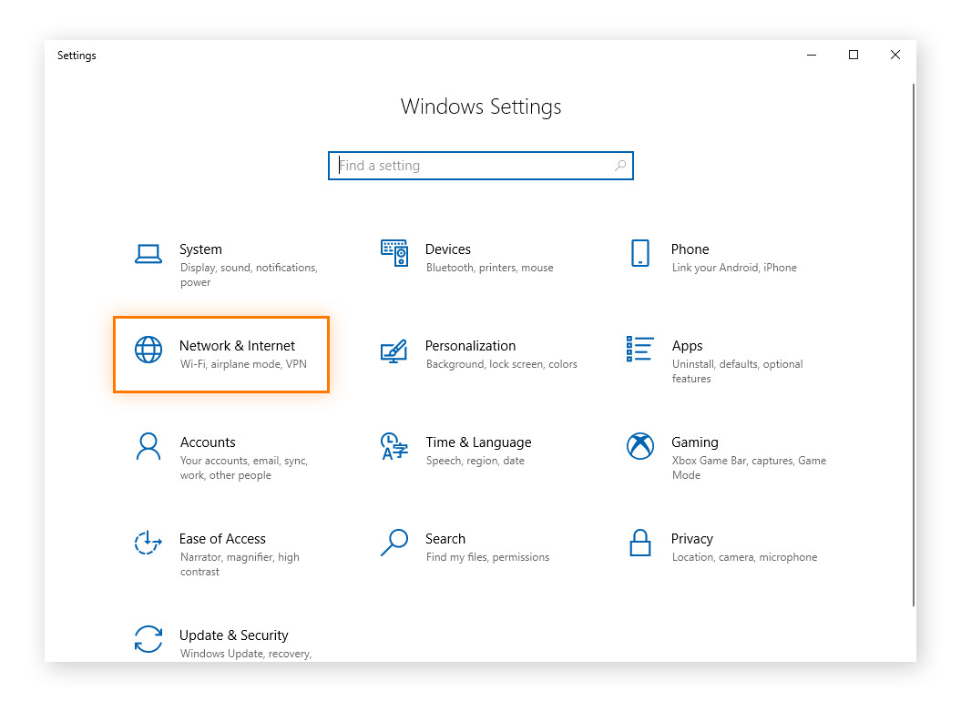 Sélection de Réseau et Internet dans le menu Paramètres de Windows 10.