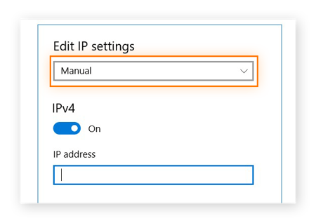 Manually entering IP address in internet properties.