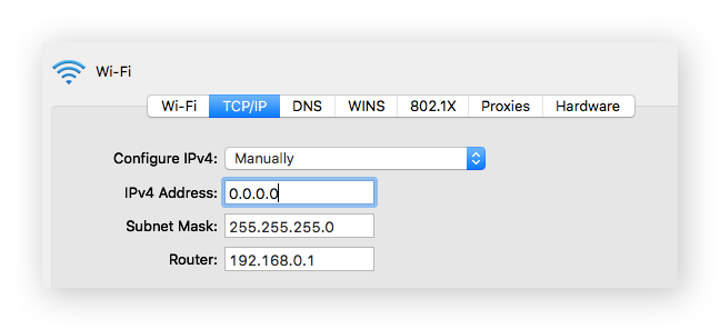 Manual IP entry under Network settings.