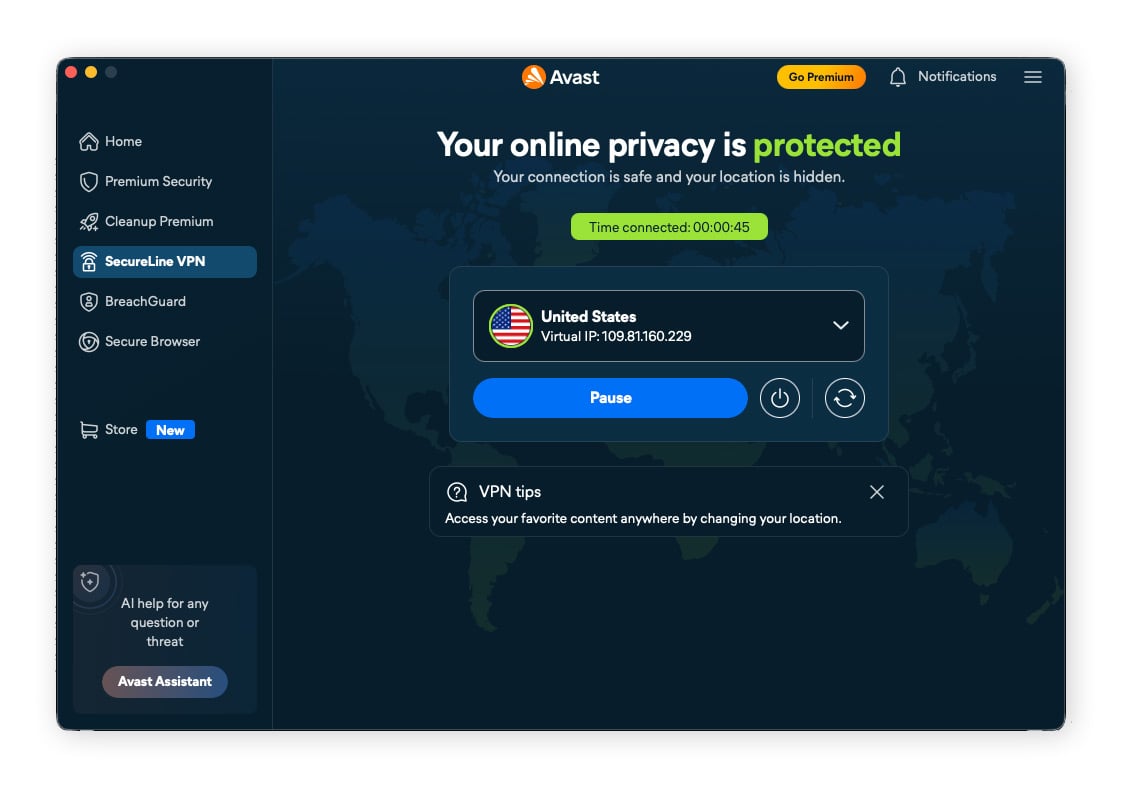 Turn on SecureLine VPN to change your IP address automatically and connect to the fastest possible server.