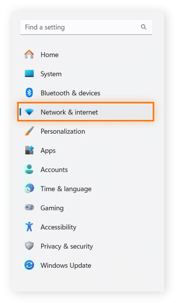 Windows 11 settings are shown, and Network & internet is selected.