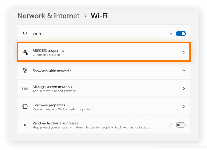 Windows 11 network and internet settings are shown. The Wi-Fi, which is connected, is circled.