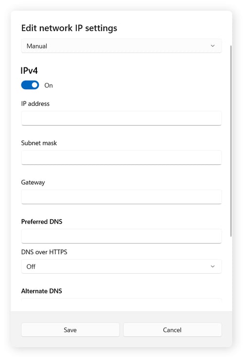 The "Edit Network IP Settings" window where you can change your IP Address and subnet mask in Windows 11.