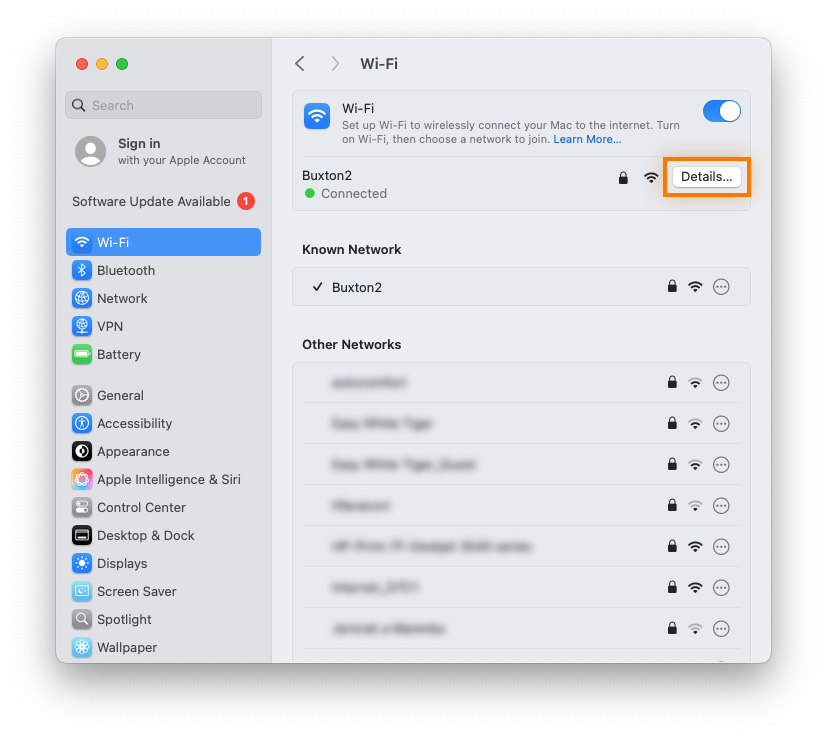 The Wi-Fi settings menu in macOS System Preferences.