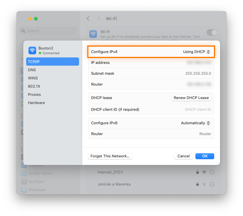 TCP/IP tab in the MacOS Wi-Fi System Preferences.