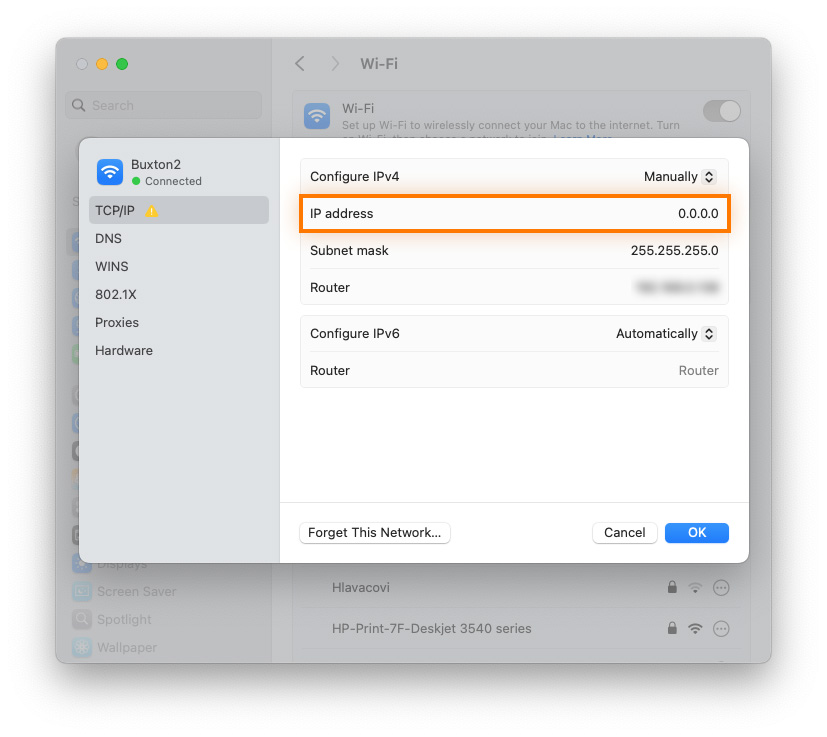 Manual IP address entry in MacOS System Preferences.