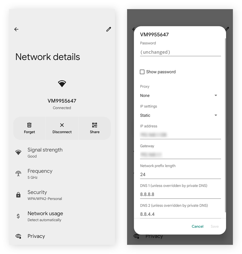 Choose Static IP settings and enter a new IP address manually to change your IP address on an Android device.