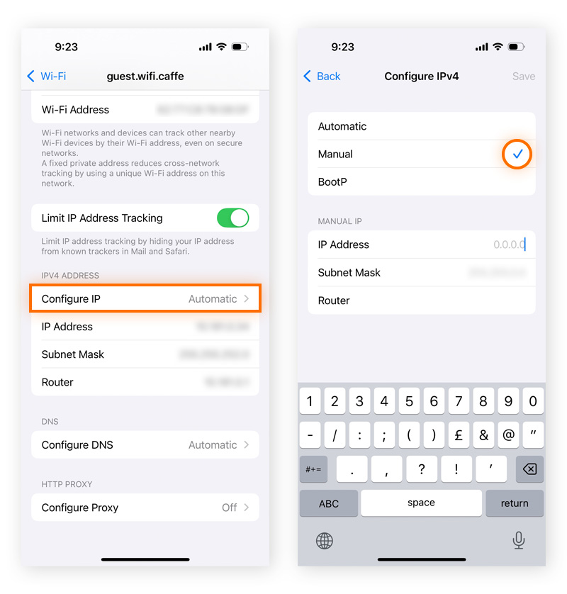 Manually entering an IP address via iOS Network Settings.