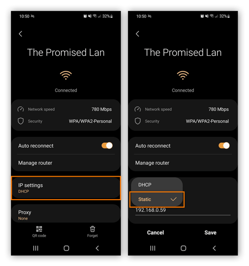 Ändern der IP-Einstellung für das WLAN-Netzwerk von „DHCP“ in „Statisch“ in den Android-Einstellungen.