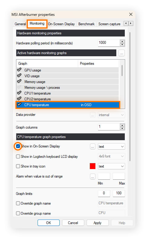 Changing settings in MSI Afterburner to show CPU temperature while gaming.