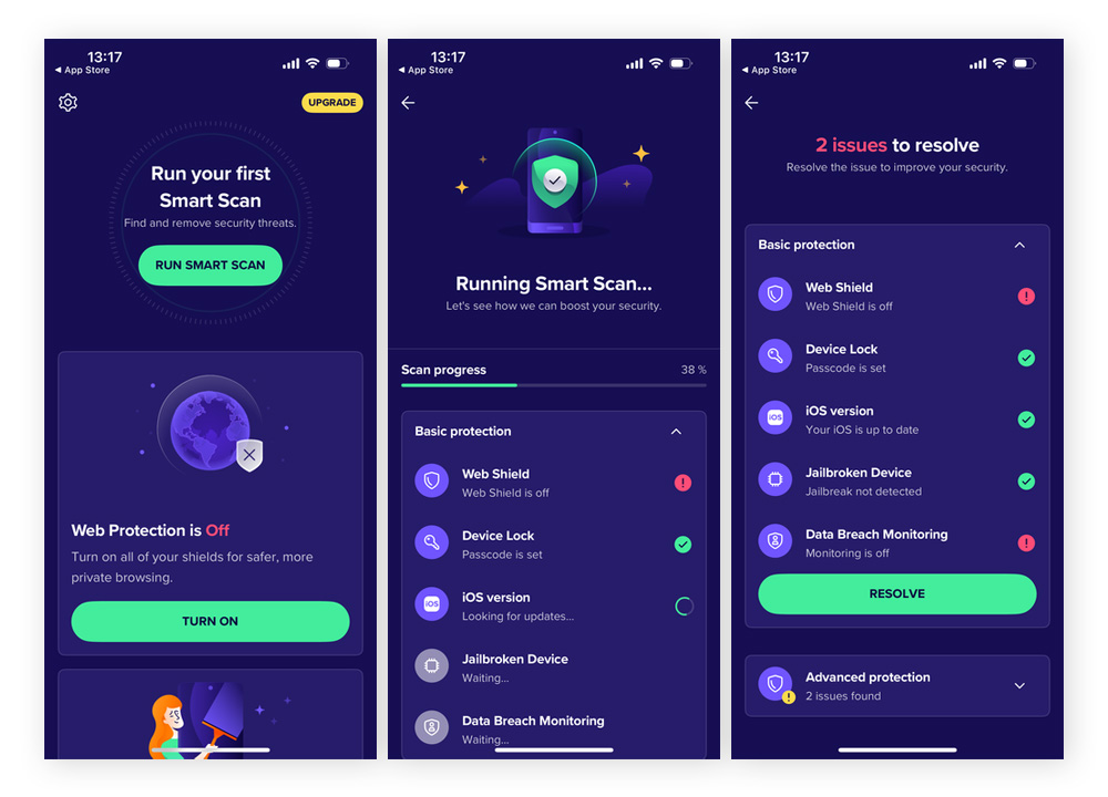 Running a Smart Scan on Avast Mobile Security for iOS.