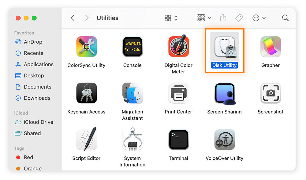 Accès à l’outil Utilitaire de disque via le menu Applications.
