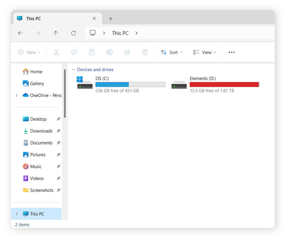 Vue de Mon PC dans Windows 11, où un disque dur peut ou non être affiché.