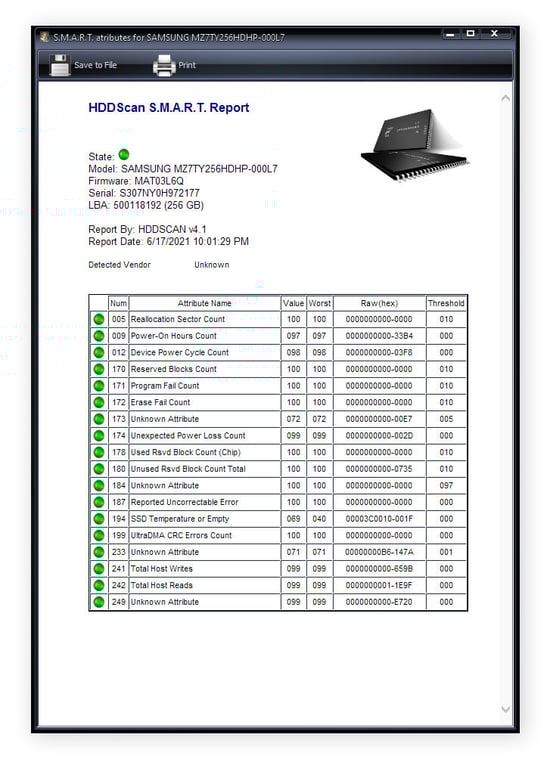  L’application HDDScan fournit un tableau des résultats d'un test S.M.A.R.T. Différents attributs sont énumérés sous forme de liste avec, en regard de chacun d’eux, un temoin vert indiquant qu’ils sont OK.