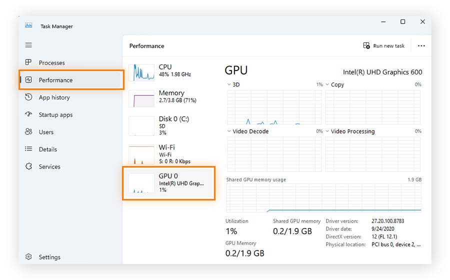 How to find out what graphics card I have using Windows Task Manager.