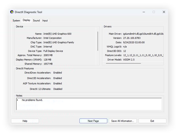 La herramienta de diagnóstico de DirectX muestra los detalles del controlador de software y del hardware de gráficos, incluidos el tipo de chip de la GPU y la RAM de vídeo.