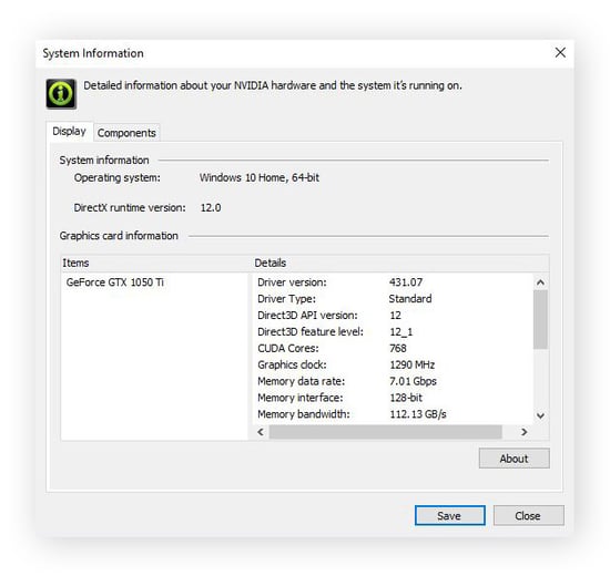 Controladores NVIDIA autodetectados por el Panel de control NVIDIA, junto con los detalles del controlador de pantalla NVIDIA.