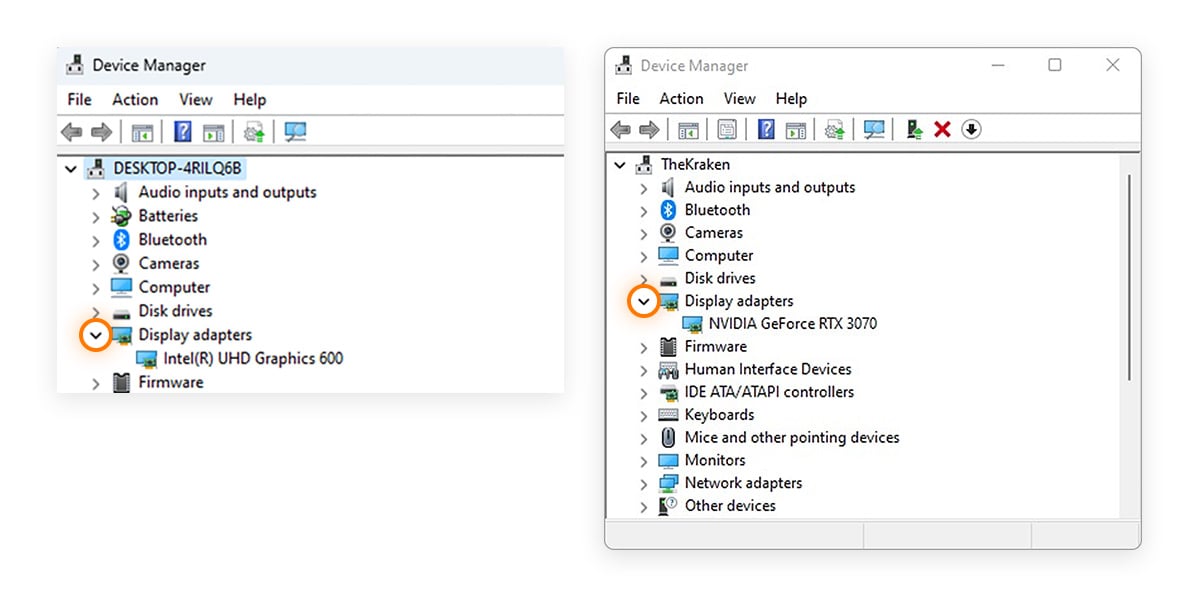 Screenshots showing where to find your integrated GPU (Intel) or dedicated graphics card (NVIDIA) via Device Settings.