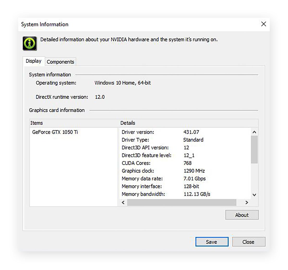 NVIDIA drivers auto-detected by the NVIDIA Control Panel, alongside details of the NVIDIA display driver.