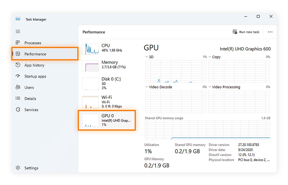 How to find out what graphics card I have using Windows Task Manager.