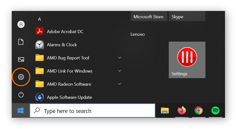 Eine Ansicht des Windows-Startmenüs, in dem „Einstellungen“ hervorgehoben ist.