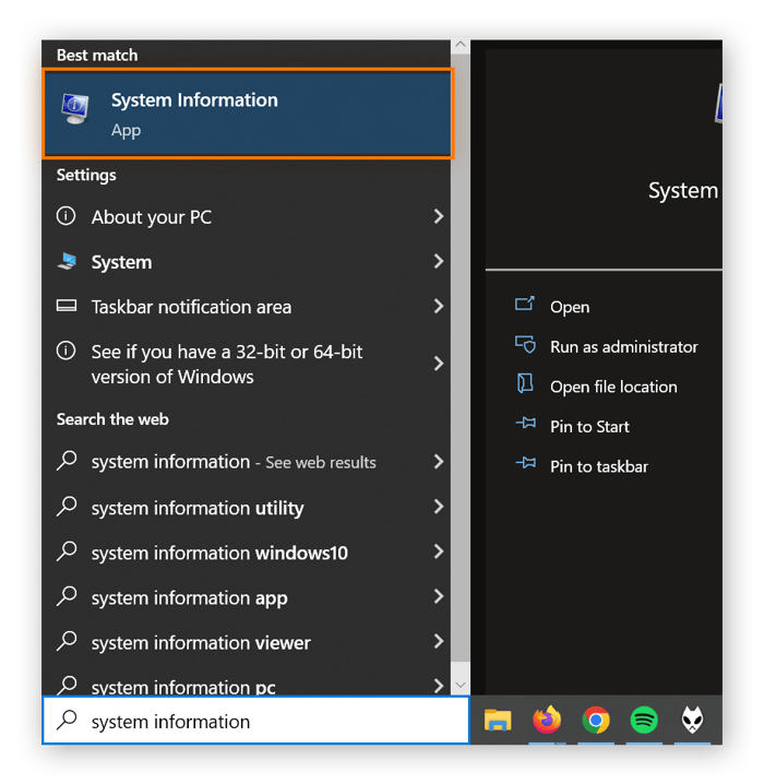 « informations système » a été saisi dans la barre des tâches Windows et l’icône Informations système est entourée.
