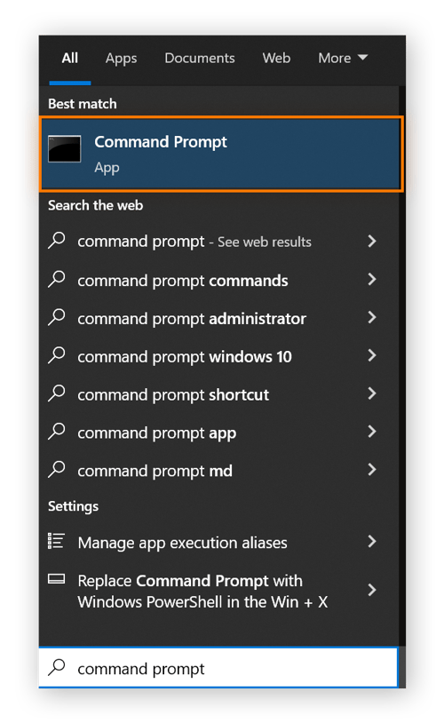 « command prompt » est saisi dans la barre des tâches et l’icône correspondante est entourée.