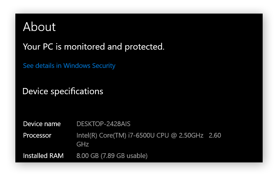 Spécifications de l’UC affichant Intel(R) Core(TM) i7-6500U CPU @ 2.50 GHz 2.60 GHz