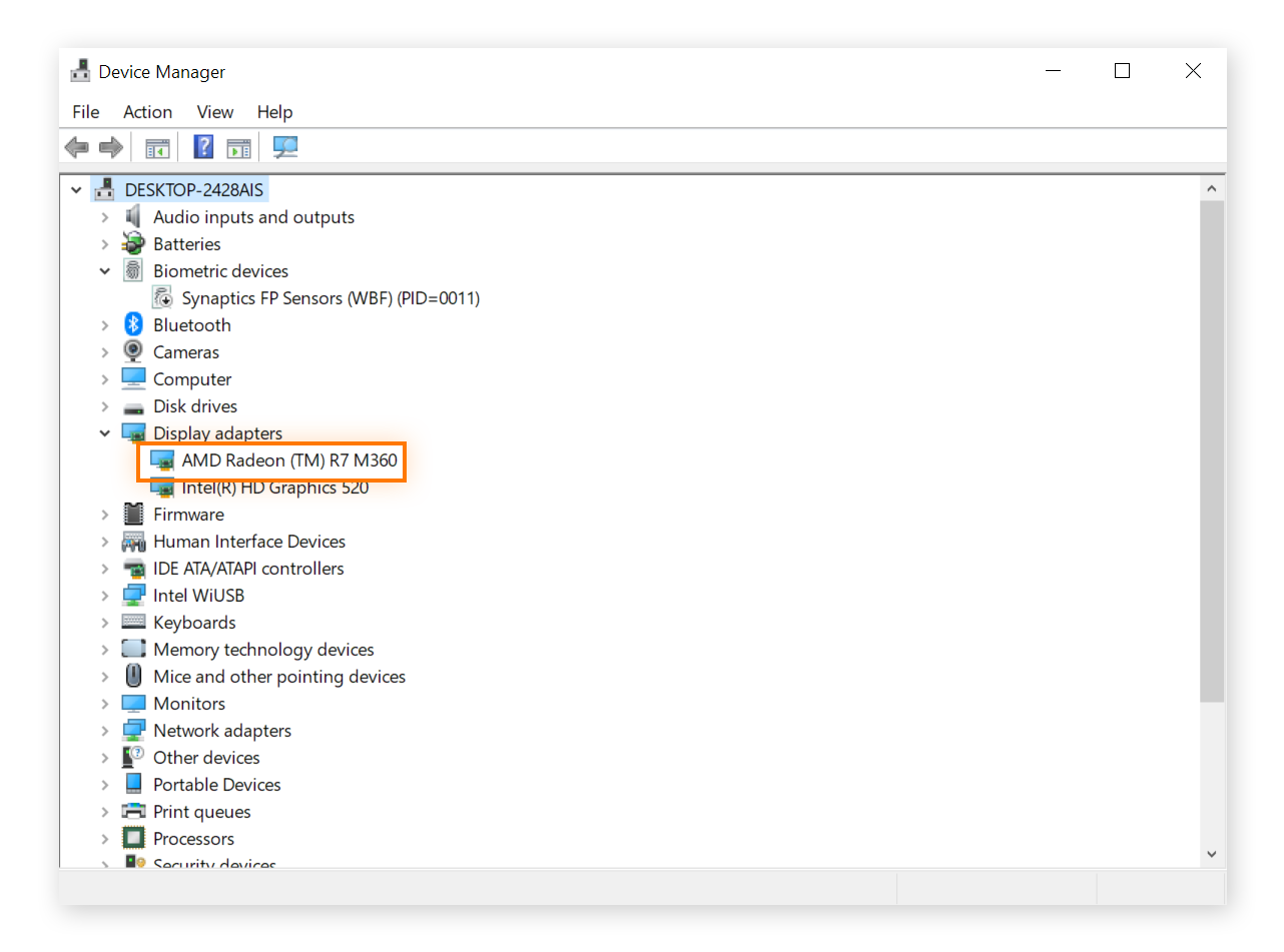 Ansicht des Geräte-Managers, in dem die Informationen zur Videokarte hervorgehoben sind: AMD Radeon (TM) R7 M360.